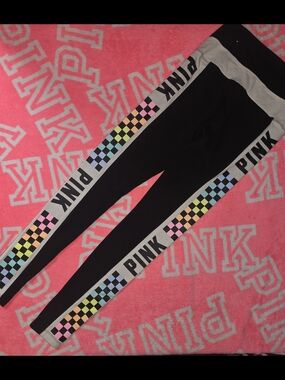 PINK Victoria's Secret Black Leggings with Rainbow Checker Side Panels